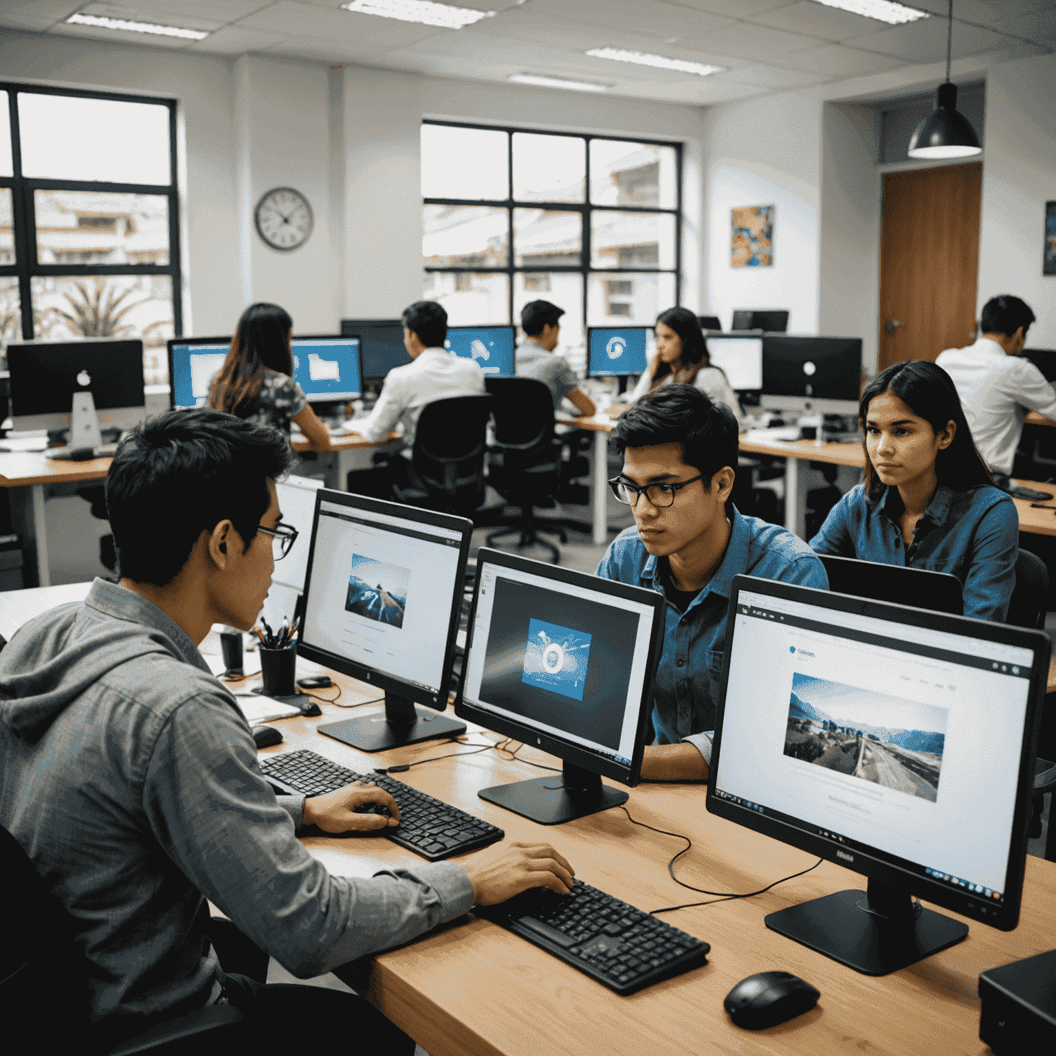 Estudiantes trabajando en computadoras, diseñando sitios web modernos en un ambiente de oficina contemporáneo en Perú