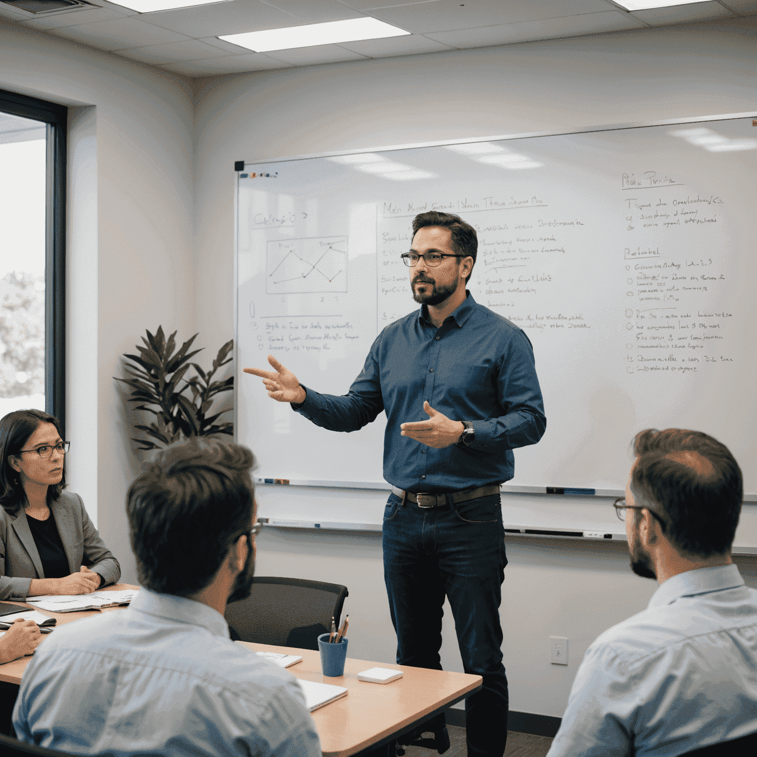 Foto de Carlos Mendoza, experto en UX/UI, presentando en una pizarra en un aula de formación