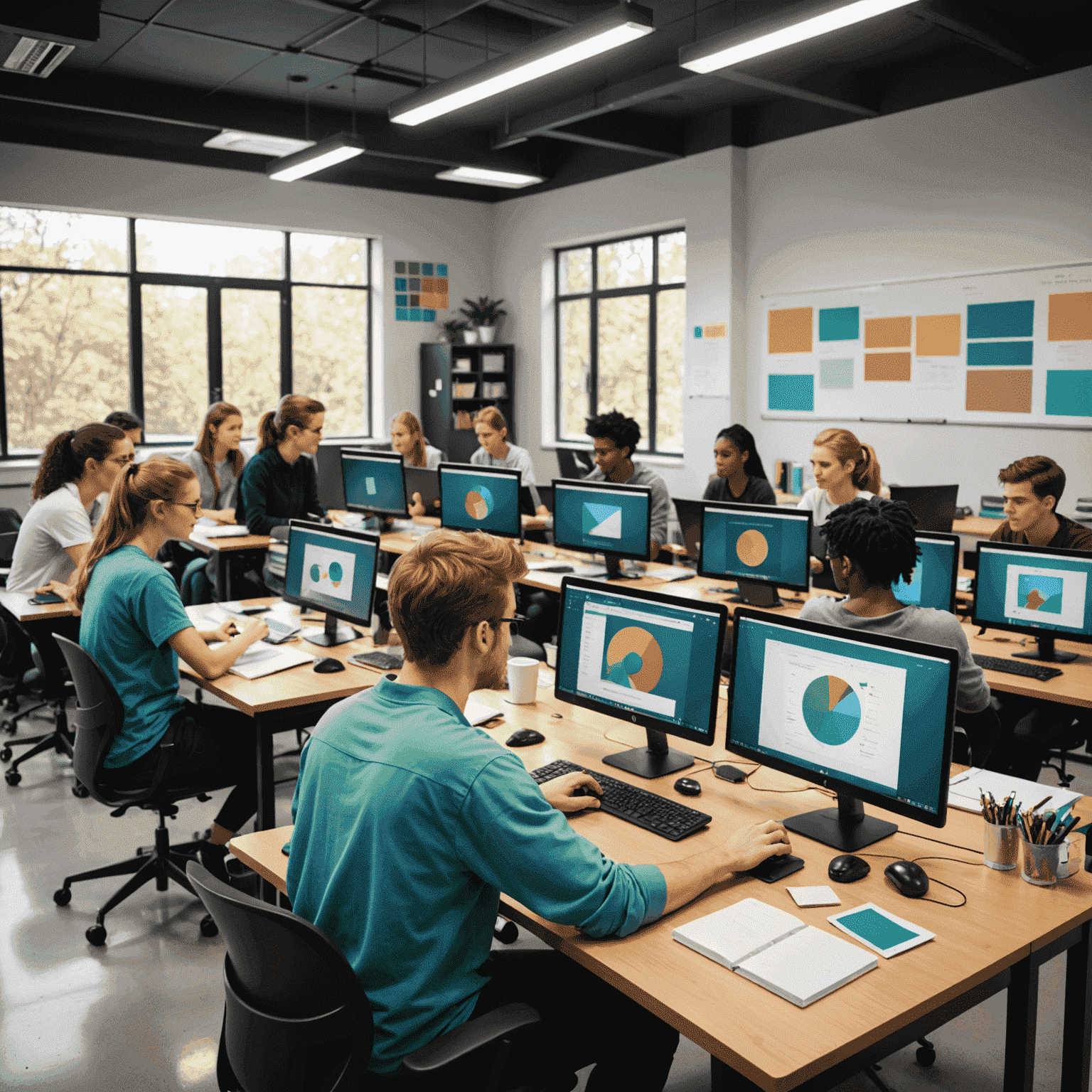 Estudiantes trabajando en computadoras, aplicando esquemas de color a diseños web en un aula moderna